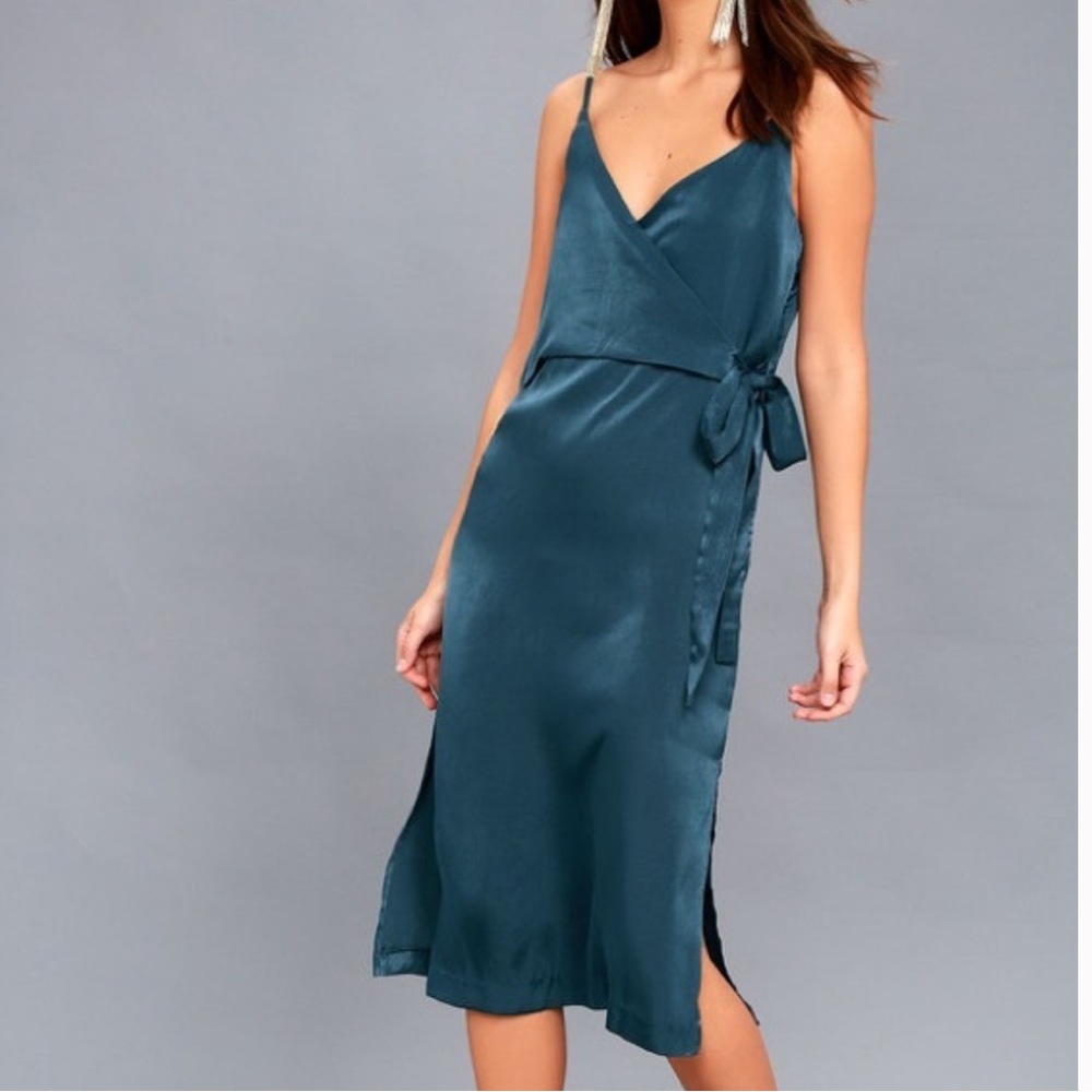 JOA | FALL IN LOVE TEAL BLUE SATIN MIDI WRAP DRESS - Picture 2 of 10